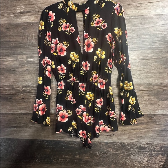 Forever 21 Black and Pink Floral Cut Out Long Sleeve Romper - Picture 1 of 10